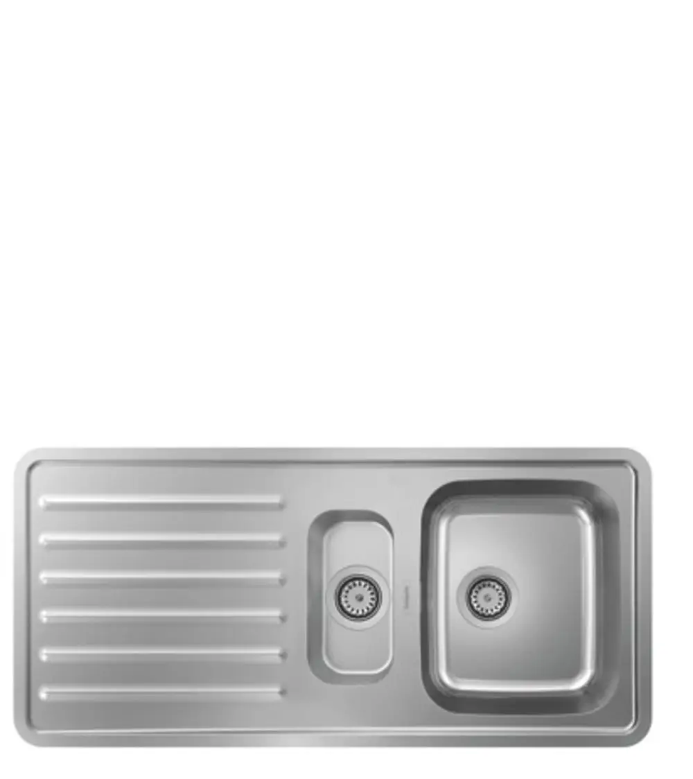 Edelstahl-Spüle von Hansgrohe mit zwei Becken und Abtropffläche. Einbauspüle, geeignet für die Küchenmontage.